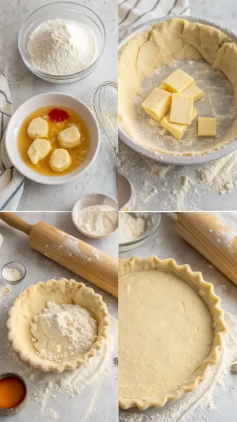 Step-by-step process of making a pie crust, showcasing ingredients and techniques.