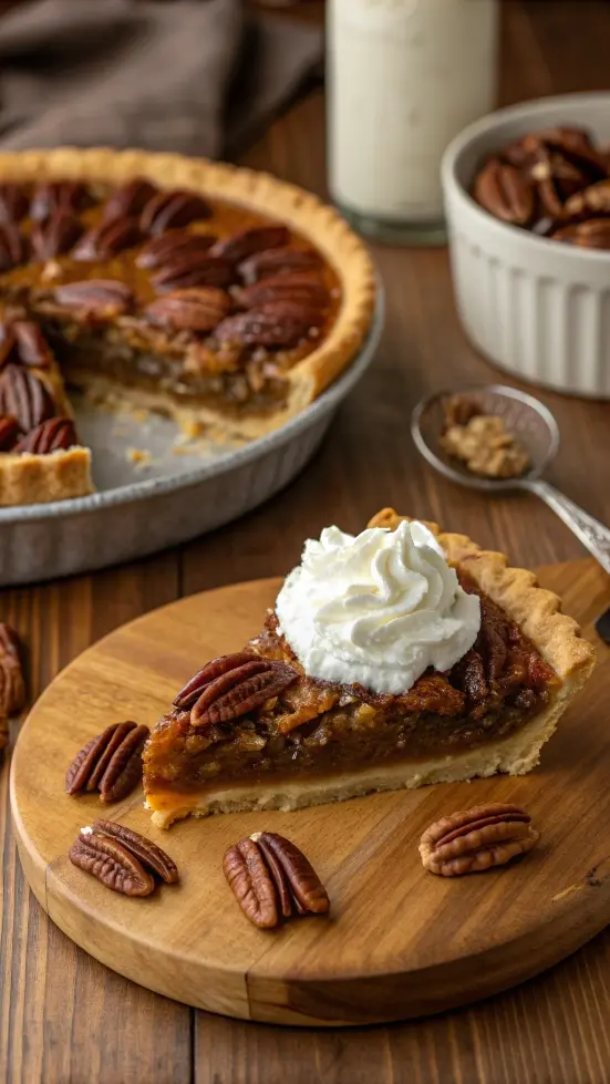 A freshly baked pecan pie with a slice cut out, showcasing the rich filling and garnished with pecans and whipped cream.