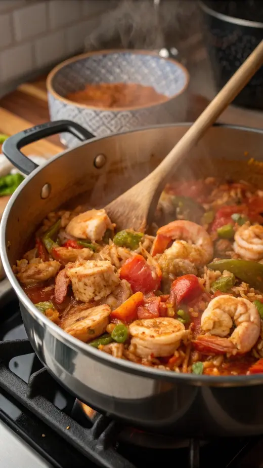 A pot of jambalaya cooking with chicken, shrimp, and colorful vegetables.