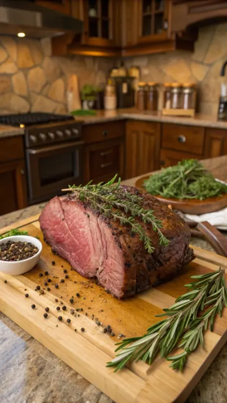 A beautifully seasoned prime rib roast ready for cooking, displayed on a wooden cutting board with herbs.