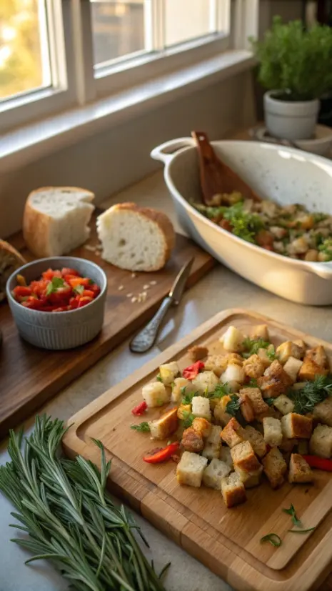 A delicious stuffing mixture being prepared in a cozy kitchen.