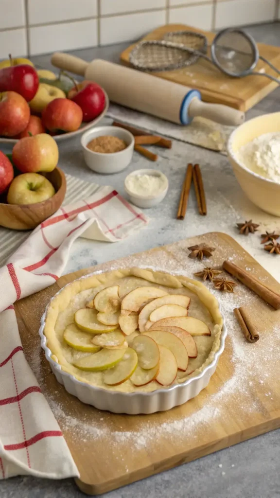 A step-by-step guide to making an apple pie, featuring ingredients like apples, sugar, and spices.