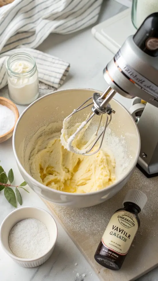 Overhead image of butter and powdered sugar being mixed in a stand mixer for buttercream.