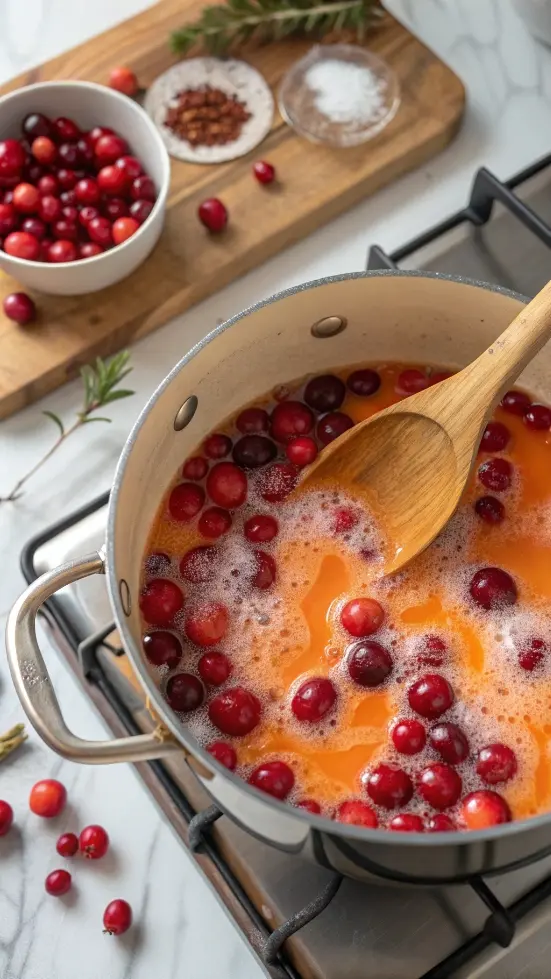 Overhead image of cranberries simmering in a saucepan for homemade cranberry sauce.