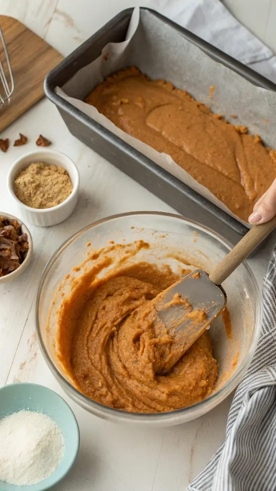 Overhead image of pumpkin bread batter being mixed in a bowl next to a lined loaf pan.