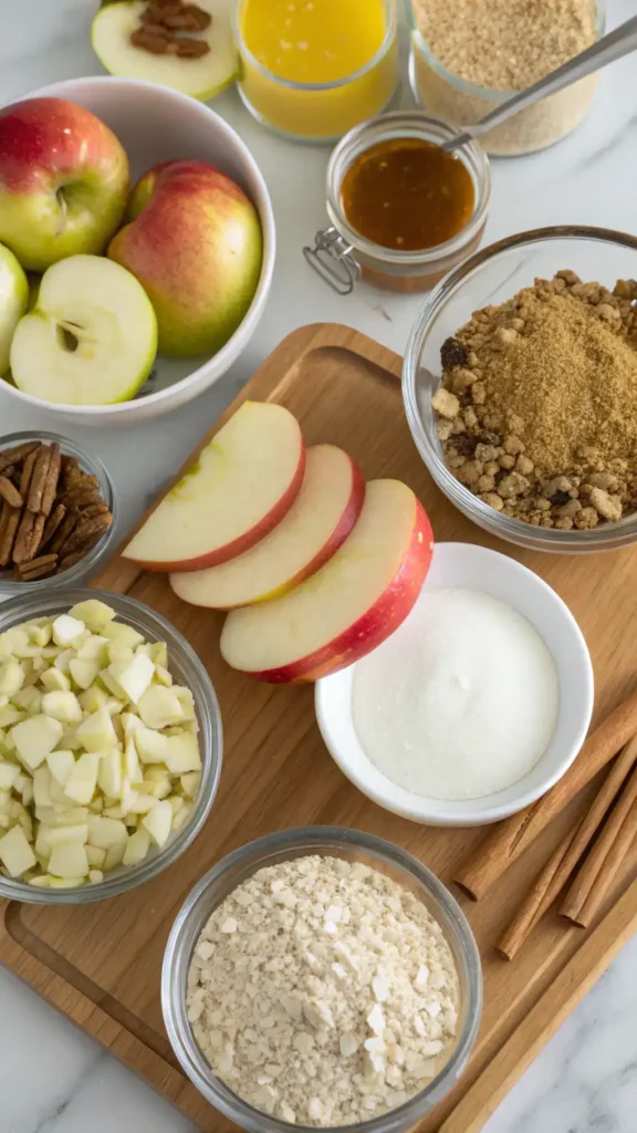 Ingredients for apple crisp recipe displayed on a wooden table.