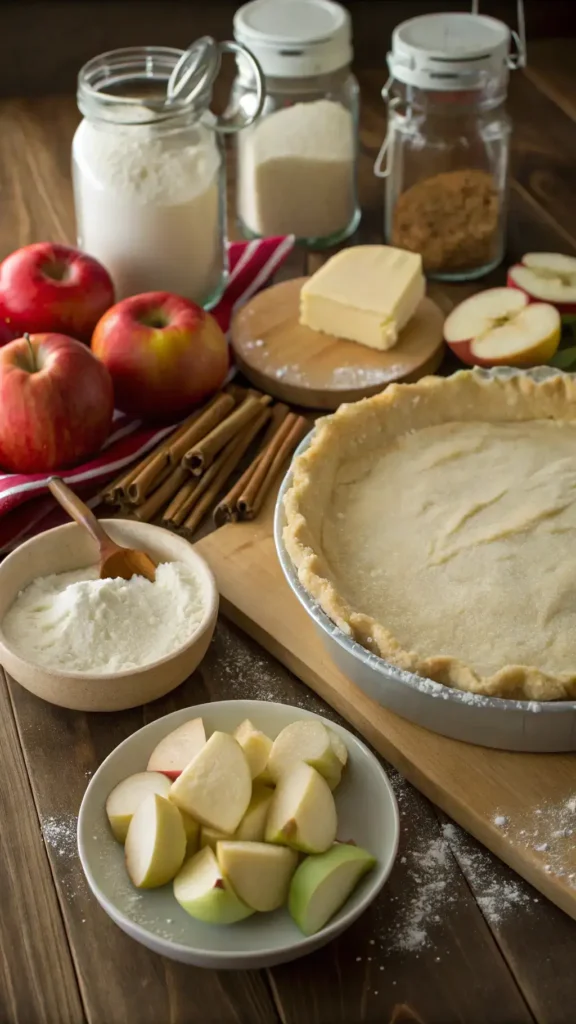 Ingredients for apple pie including apples, flour, sugar, and spices displayed on a rustic wooden table.
