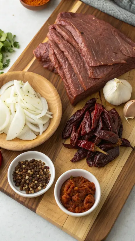 Ingredients for birria tacos including beef, chiles, garlic, and spices arranged on a wooden table.