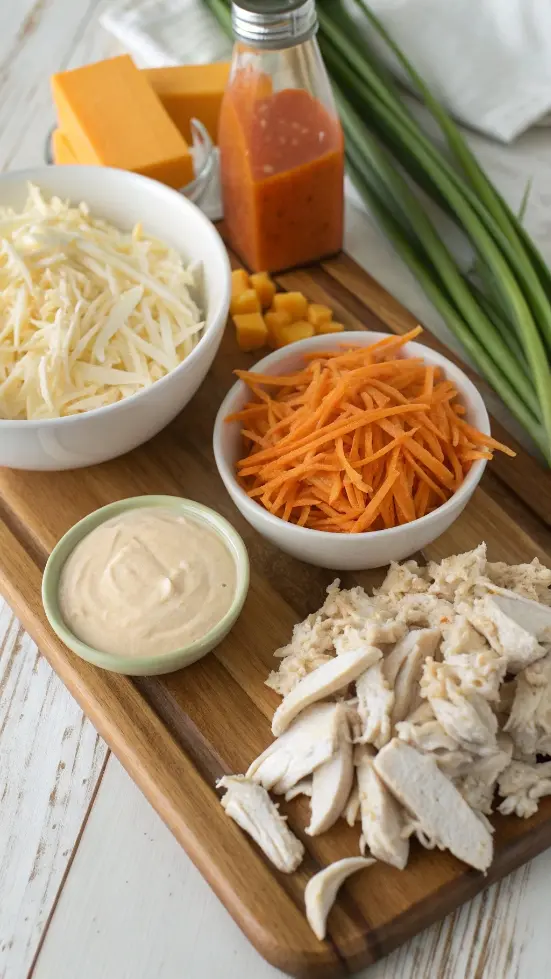 Ingredients for buffalo chicken dip displayed on a wooden cutting board.