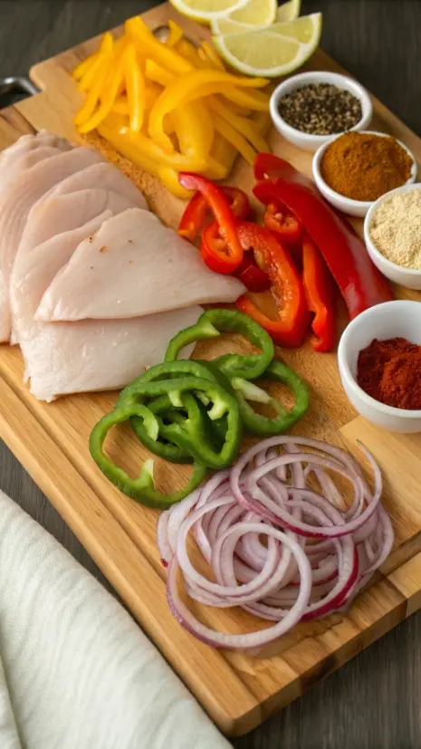A collection of fresh ingredients for chicken fajitas, including chicken breast, bell peppers, onions, and various spices, arranged on a wooden cutting board.
