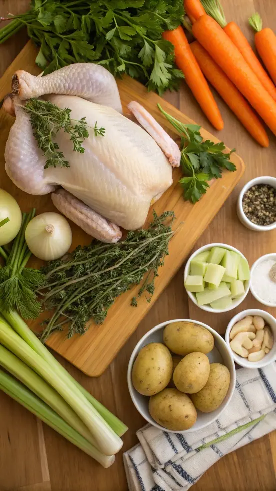 Ingredients for chicken soup including chicken, carrots, celery, onion, and herbs on a wooden counter.