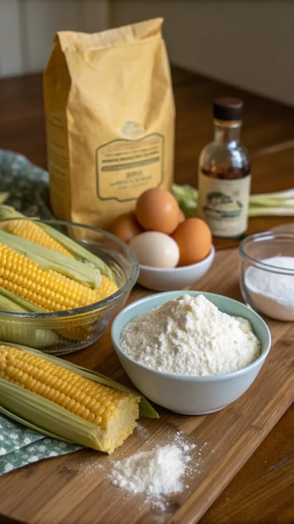 Ingredients for cornbread displayed on a wooden table.