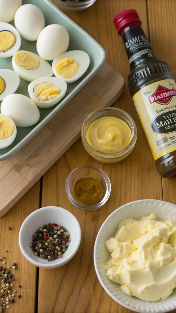 Ingredients for deviled eggs including eggs, mayonnaise, mustard, and spices.