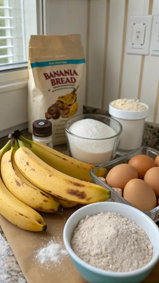 Ingredients for easy banana bread including ripe bananas, flour, and sugar.