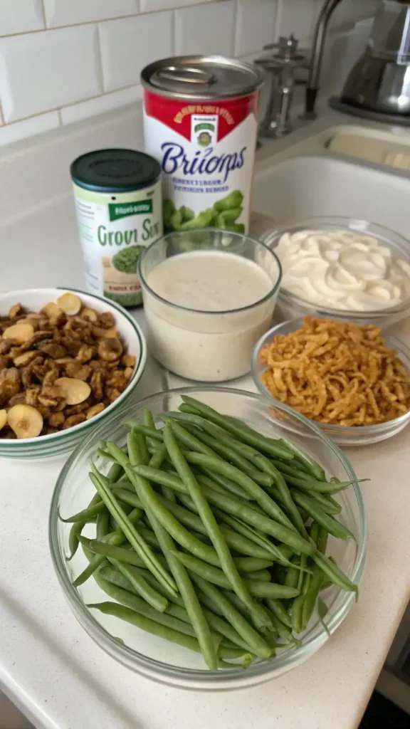 Ingredients for green bean casserole including fresh green beans, cream of mushroom soup, and crispy fried onions.