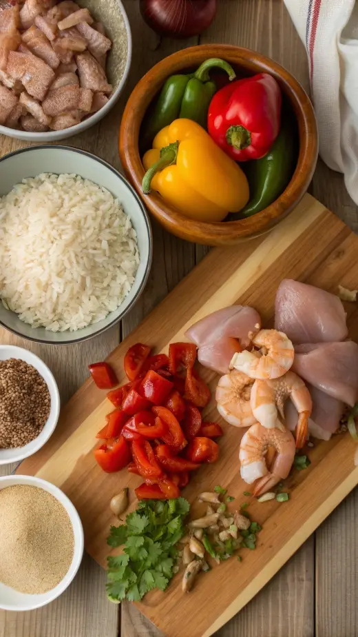 Ingredients for jambalaya including rice, chicken, shrimp, and vegetables.