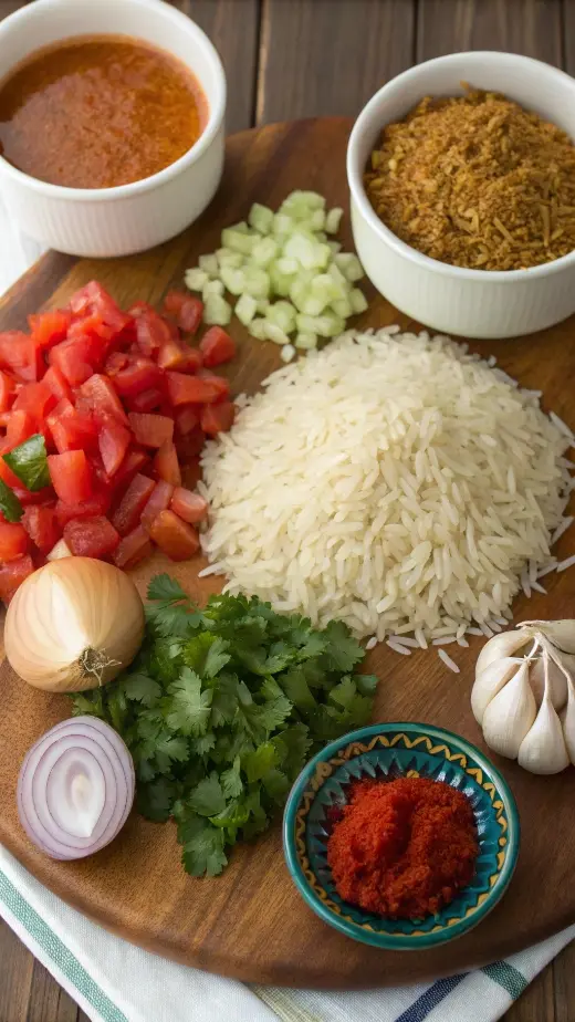 Ingredients for Mexican rice recipe displayed on a wooden table.