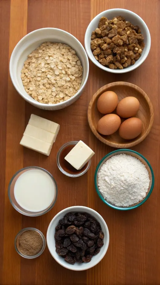 Ingredients for oatmeal cookies including oats, flour, sugar, and butter.
