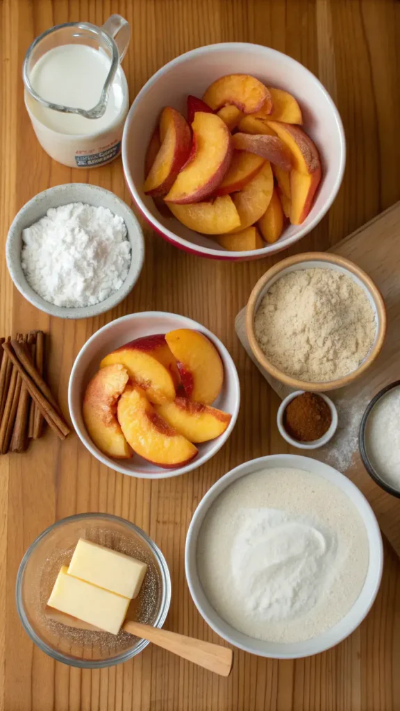 Ingredients for peach cobbler including fresh peaches, sugar, flour, and spices arranged on a countertop.