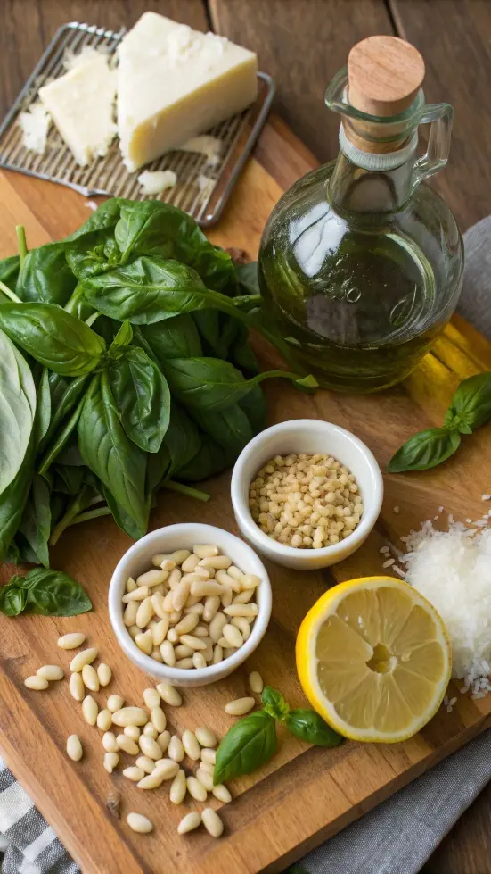 Ingredients for making pesto displayed on a cutting board.