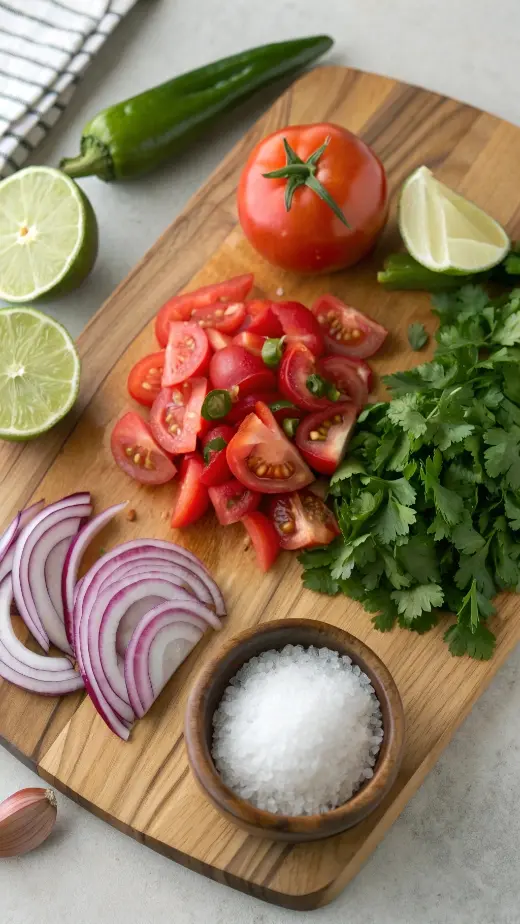 Ingredients for pico de gallo displayed on a wooden cutting board.