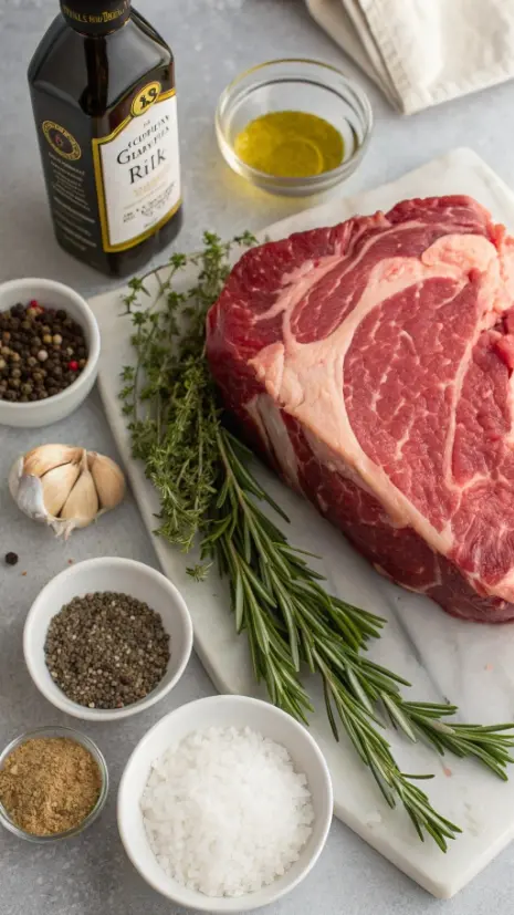 Ingredients for prime rib recipe including prime rib, salt, pepper, garlic, and herbs.