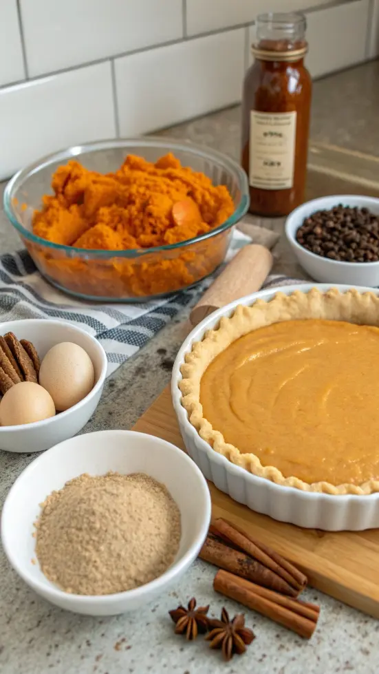 Ingredients for pumpkin pie including pie crust, pumpkin puree, and spices.