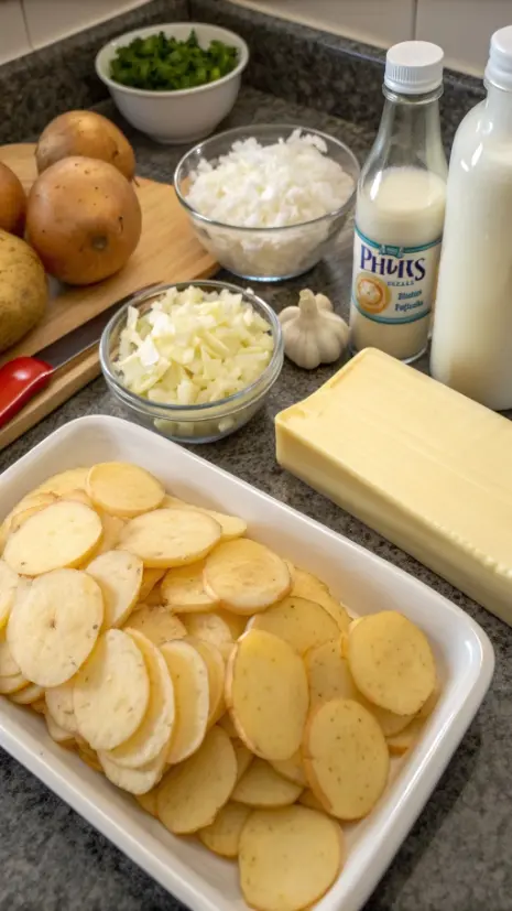 Ingredients for scalloped potatoes including potatoes, butter, onion, garlic, heavy cream, and cheese.