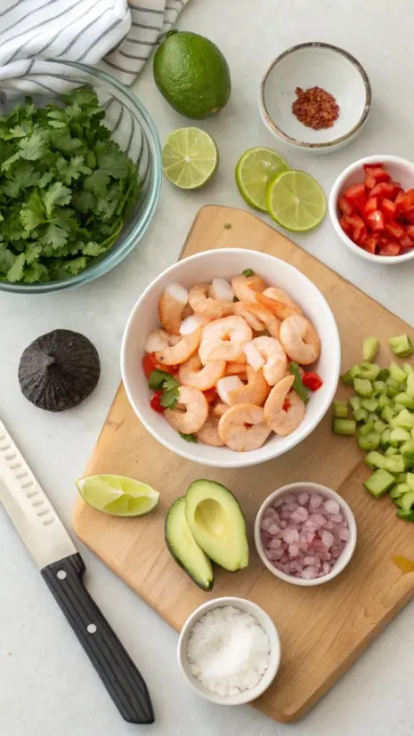Flat lay of cooked shrimp, limes, avocado, tomatoes, cucumber, onion, cilantro, and jalapeño for ceviche.
