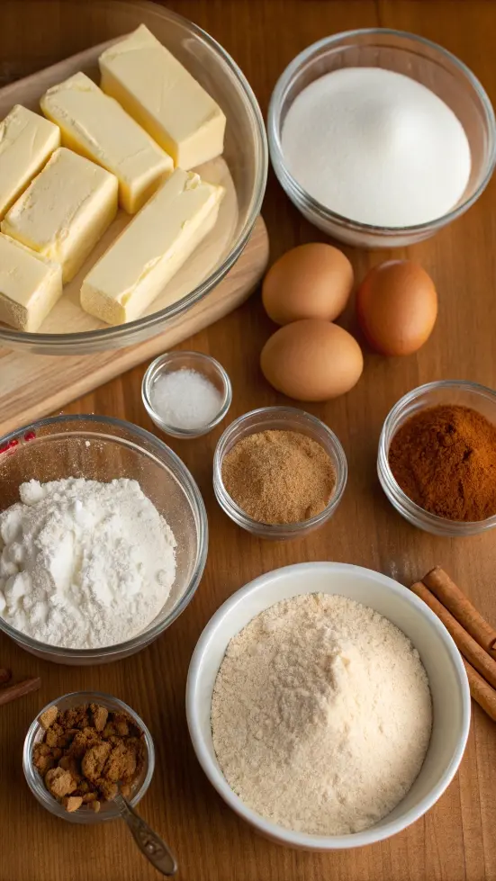Ingredients for snickerdoodle cookies including flour, sugar, butter, and cinnamon.