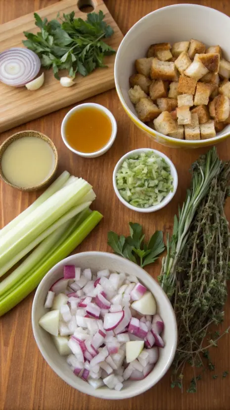 Ingredients for stuffing recipe displayed on a wooden countertop.