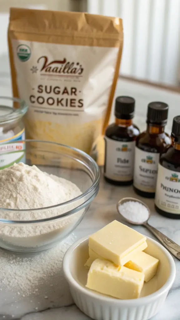 Ingredients for sugar cookies displayed on a kitchen counter.