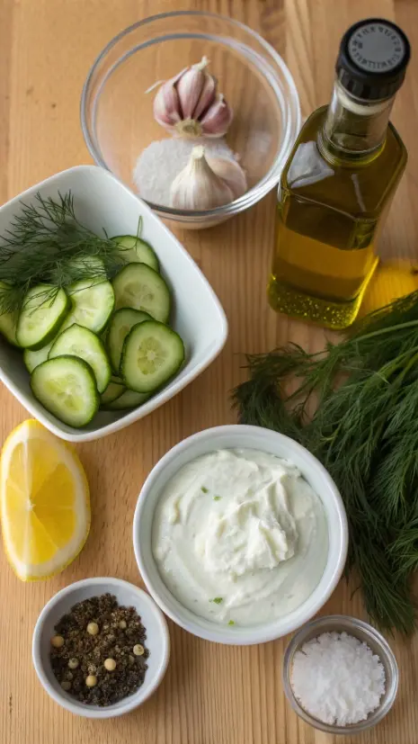 Ingredients for tzatziki recipe displayed on a wooden table.
