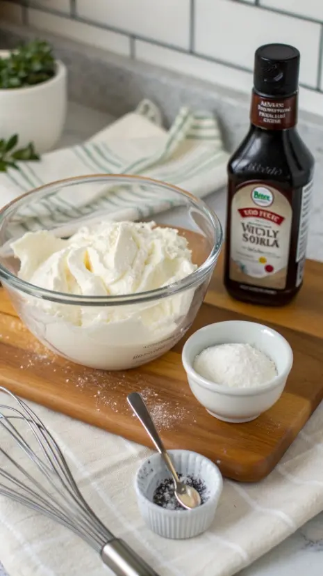 Ingredients for whipped cream: heavy cream, powdered sugar, vanilla extract, and salt.