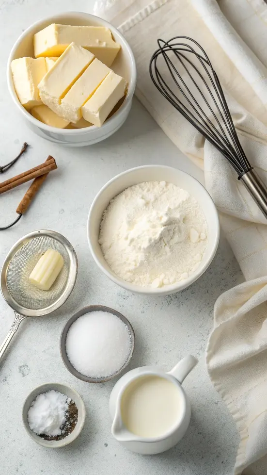 Flat lay of butter, powdered sugar, vanilla, salt, and cream arranged for buttercream frosting.
