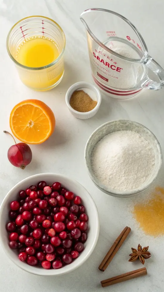 Flat lay of cranberries, sugar, orange juice, water, orange, and cinnamon for cranberry sauce.