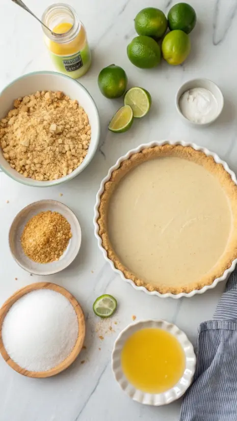 Flat lay of graham crumbs, butter, sugar, condensed milk, egg yolks, lime juice, and limes for key lime pie.