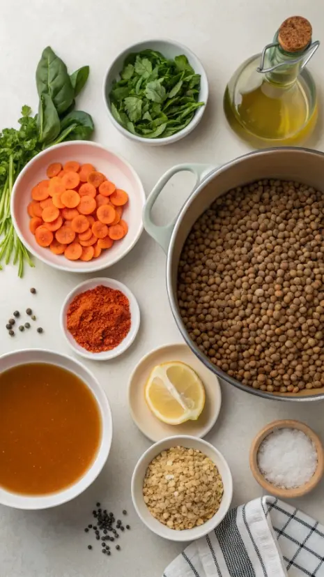 Flat lay of lentils, chopped vegetables, tomatoes, broth, spices, lemon, and greens for lentil soup.