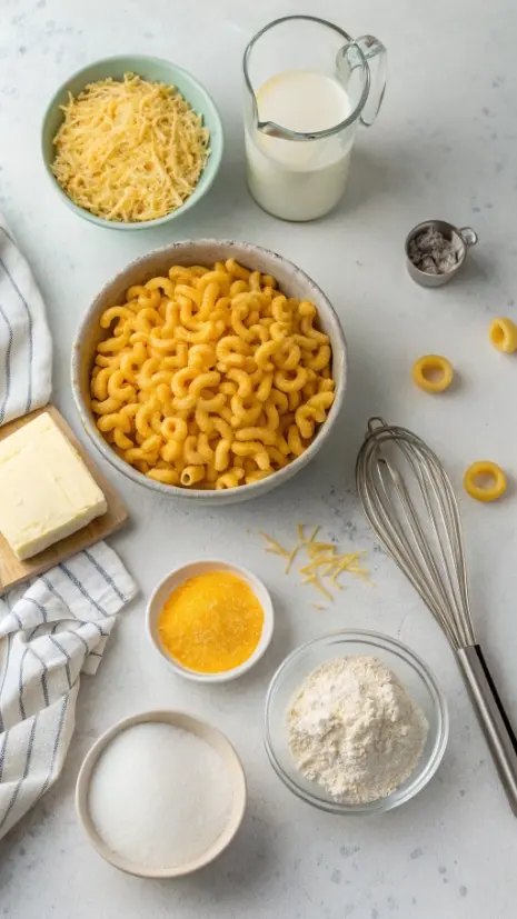 Flat lay of macaroni, butter, flour, milk, shredded cheese, and seasonings for mac and cheese.
