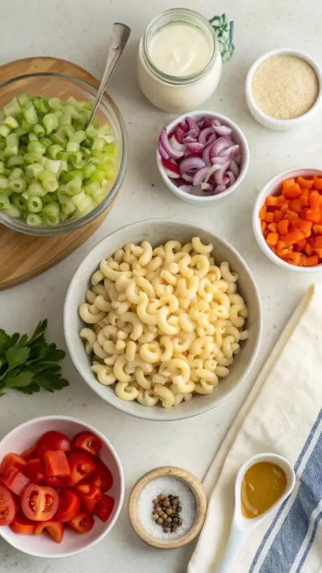 Flat lay of elbow macaroni, chopped vegetables, mayonnaise, vinegar, sugar, mustard, and seasonings for macaroni salad.