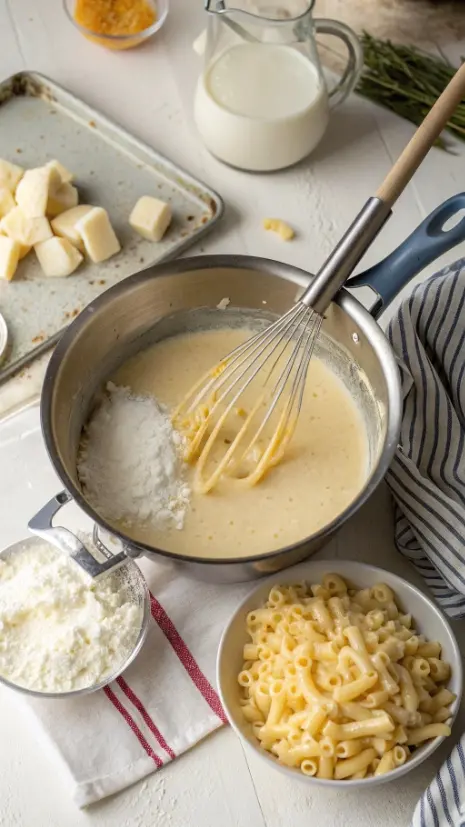 Overhead image of roux being whisked, milk added, and cheese melting into sauce for mac and cheese.