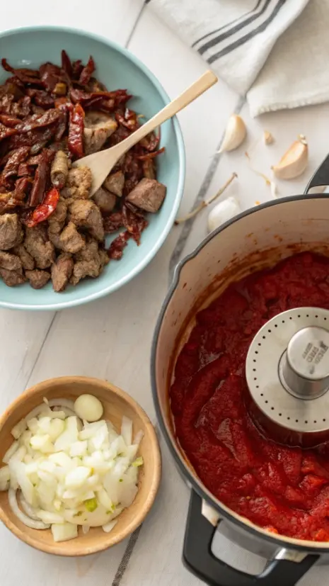 Overhead image showing dried chiles being blended into paste and that paste stirred into a pot of chilli.