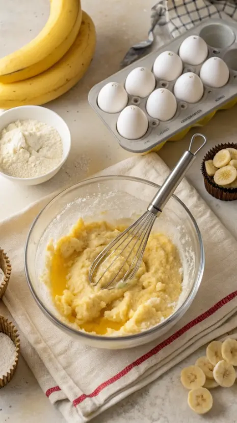 Mixing banana muffin batter in a bowl next to a lined muffin pan.