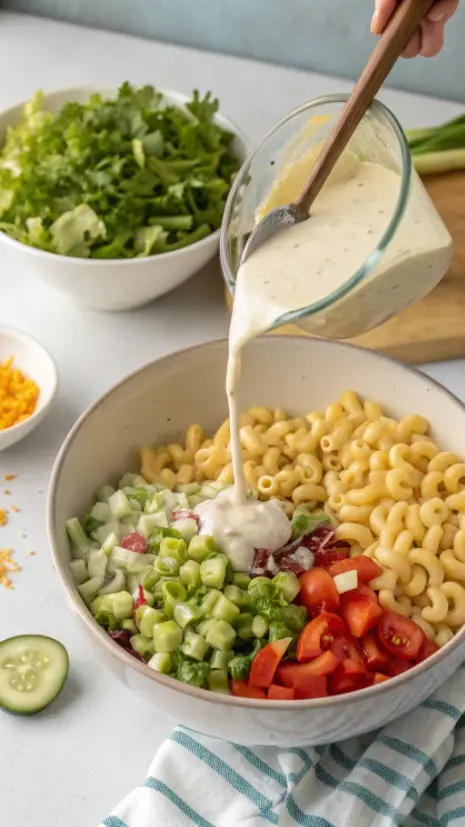 Overhead image of dressing being poured over macaroni and vegetables, then mixed into macaroni salad.