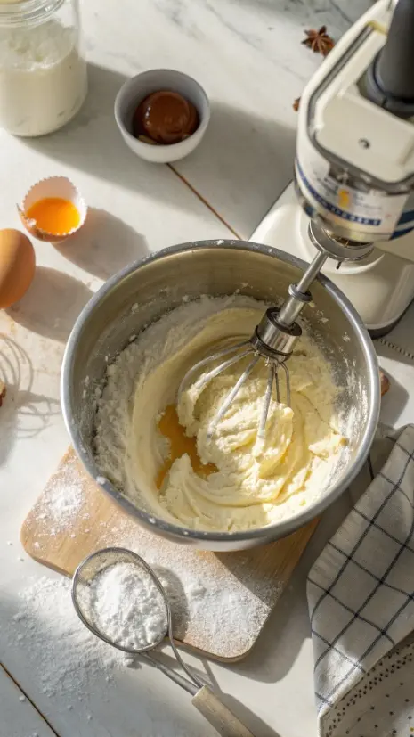 Overhead image of cream cheese and butter being mixed with powdered sugar and vanilla in a stand mixer.