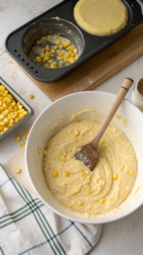 Overhead image of corn casserole batter being mixed in a bowl next to a greased baking dish.