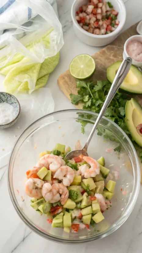Overhead image of shrimp and vegetables being mixed with lime juice for ceviche, with avocado ready to add.