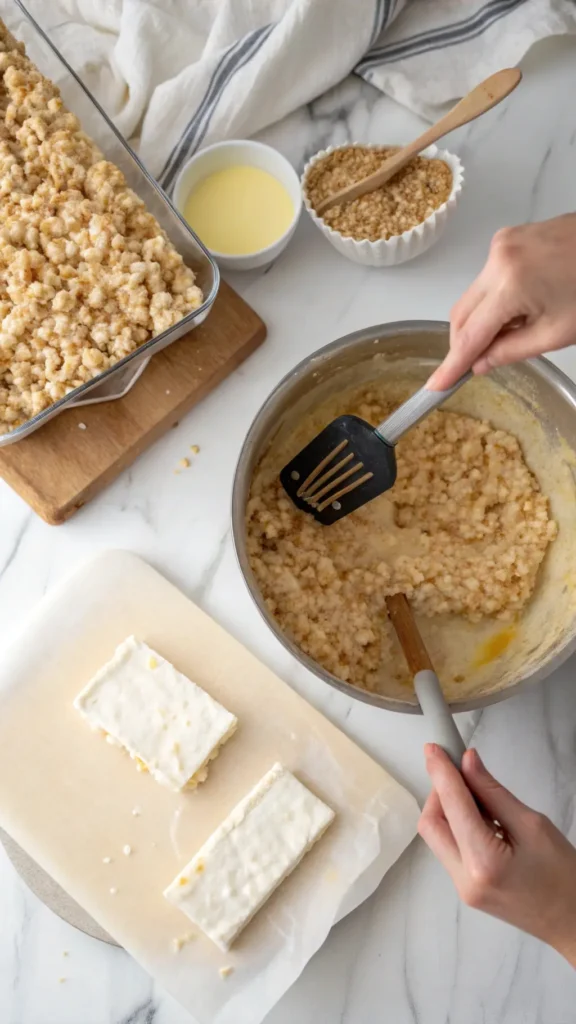 Overhead image of marshmallow mixture being mixed with cereal and pressed into a pan for rice krispie treats.