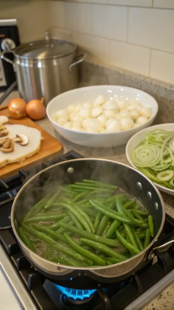 A chef preparing green bean casserole with fresh ingredients.