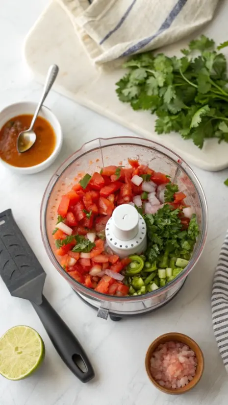 Overhead image of salsa being pulsed to a chunky consistency in a food processor